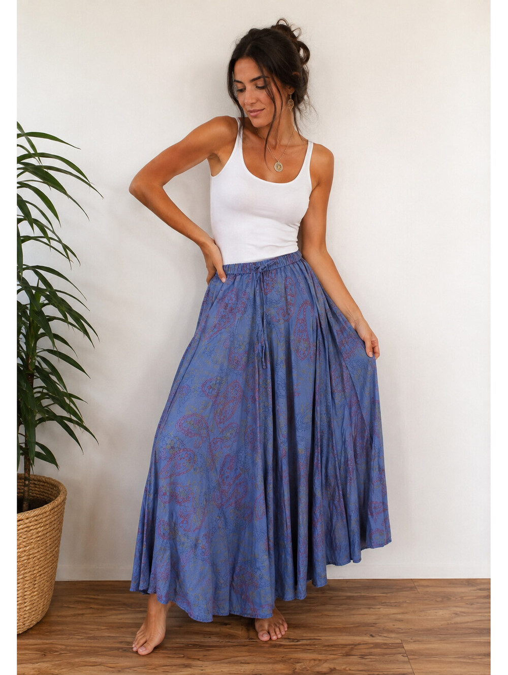 Southwest Canyon Maxi Skirt M Blue Paisley 100% Cotton Boho Drawstring India